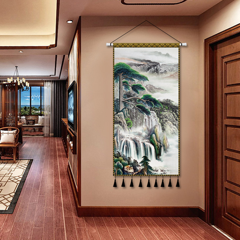中式中堂画迎客松客厅玄关装饰画竖版超大电表箱遮挡挂画布艺挂毯图片