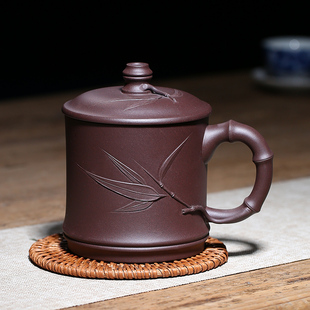 大容量家用茶具 宜兴紫砂杯竹节茶杯泡茶老紫泥纯手工刻字杯子男士