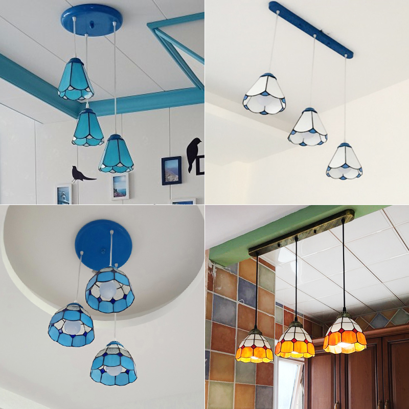 地中海风格餐厅吊灯具三头客餐桌灯圆盘田园饭店创意蓝色吧台灯饰