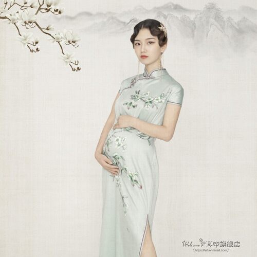 新款孕妇照服装影楼拍摄工笔画中国风孕妇艺术照片旗袍写真孕妇装