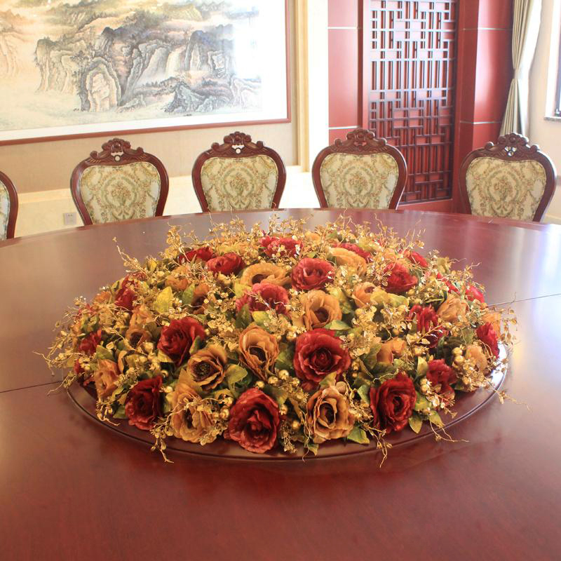 大型酒店餐桌花摆件饭店绢花装饰花插花圆形桌花电动转盘餐桌花艺