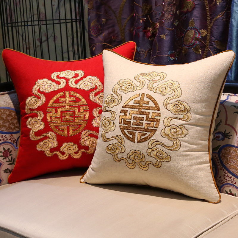 中式棉麻亚麻刺绣抱枕沙发靠垫红木靠枕圈椅腰枕床头绣花靠背垫大