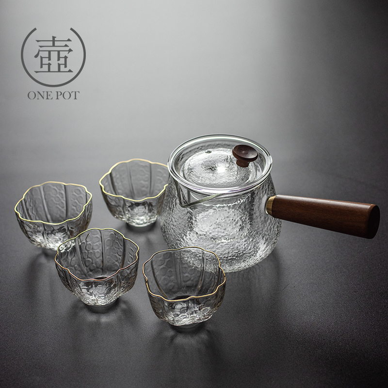 一壶侧把锤纹玻璃茶壶耐高温功夫茶具过滤透明家用耐热木柄煮茶器
