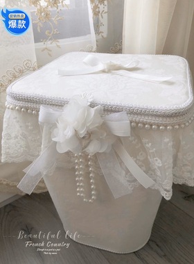 新款欧式天蓝色意大利绒垃圾篓珍珠印花重工布艺废纸杂物整理框推