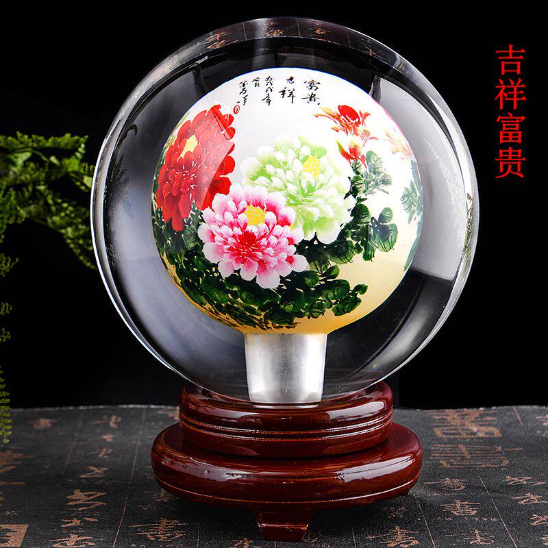 内画水晶球摆件牡丹花八骏图迎客松富贵鱼花开富贵五牛图中式家居