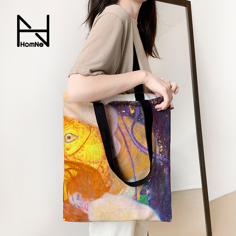 弘娜艺术家克里姆特简约拉链款帆布包女单肩手提环保袋白领背包hh