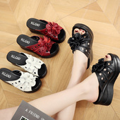 女士凉拖鞋 女夏季 外穿厚底坡跟拖鞋 2020新款 真皮高跟百搭妈妈拖鞋