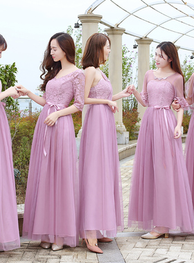 伴娘服长款2021新款灰色姐妹团伴娘服演出裙小礼服中袖年会晚宴服