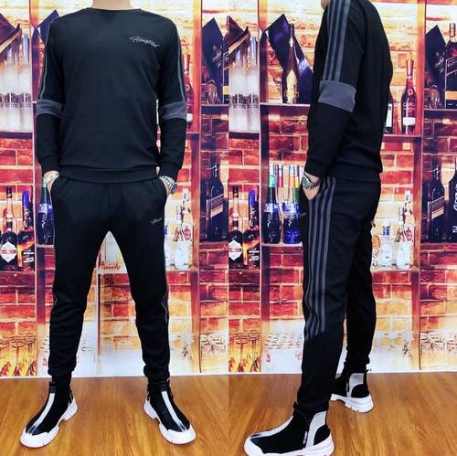 906 男士春秋舒适潮流新款时尚百搭套装拼接条圆领秋衣秋裤潮流帅