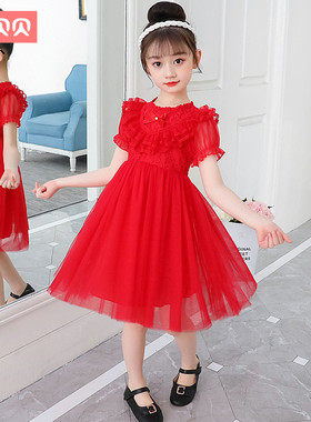 2021女童连衣裙夏红色宝宝六一儿童节白纱公主裙学生合唱演出礼服