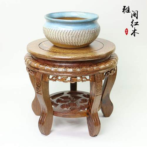 红木实木圆形鱼缸盆景盆瓶底座鸡翅木架木质盆景几