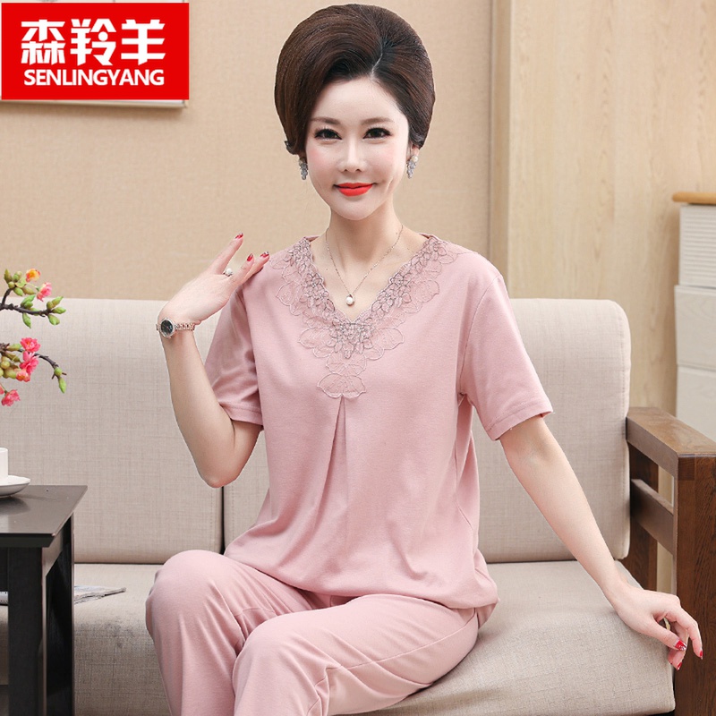 妈妈女士睡衣夏季纯棉中年中老年人春秋家居服套装短袖长裤加大码