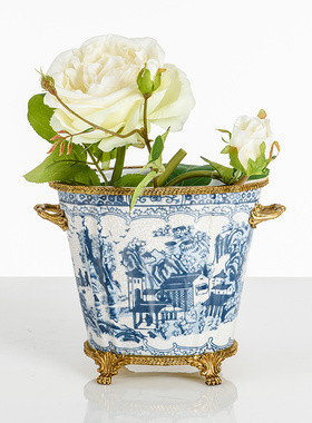 欧式美式中式复古摆件 陶瓷配铜花盆花艺花器花瓶客厅工艺品摆设