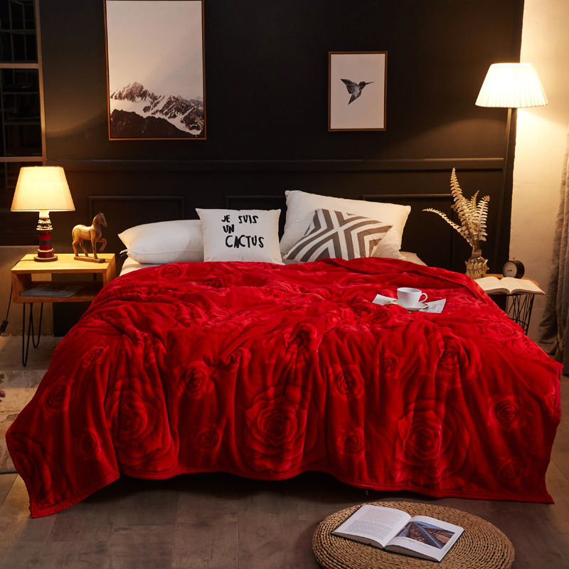 加厚结婚庆大红色面云貂绒法兰绒毛毯子冬珊瑚绒保暖床单
