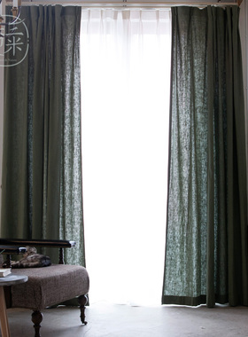 灰绿色新中式客厅卧室成品简约现代法式美式纯色灰色天然棉麻窗帘