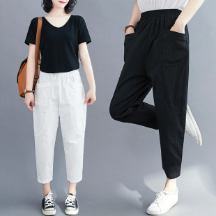 新款 女裤 棉麻七分裤 洋气大码 子 女抽绳高腰显瘦小脚哈伦裤 2020夏季