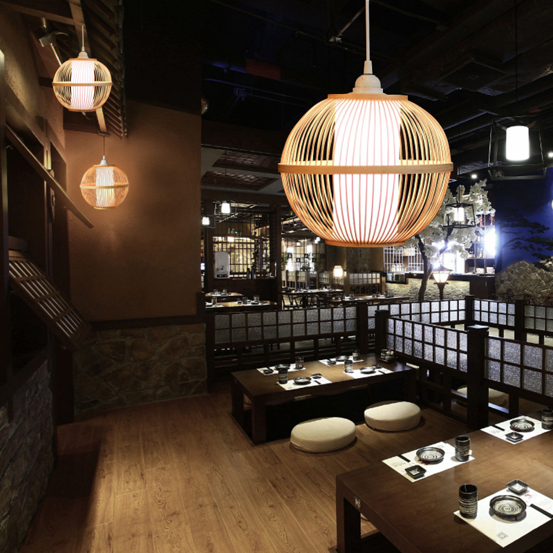 有木竹编吊灯日式餐厅灯具灯笼三头组合木质新中式茶室吧台禅意