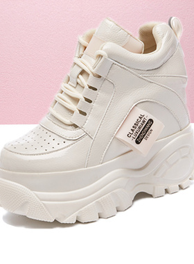 真皮内增高运动鞋女新款2021百搭厚底12cmO坡跟跑步i休闲老爹单鞋