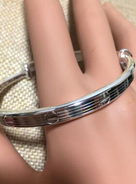 999银七彩拉丝平面卡伸缩口纯银女手镯时尚简约百搭宝宝亲子款