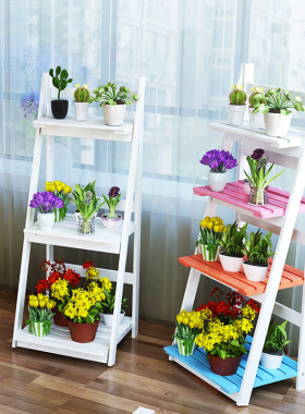 美式田园桌面木质三层花架多层花盆景架书架多肉花盆花架阶梯折叠