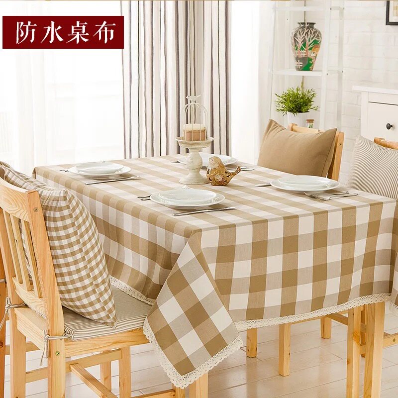 木木 现代麻浅咖色格子防水布艺桌布 餐桌茶几柜子台布