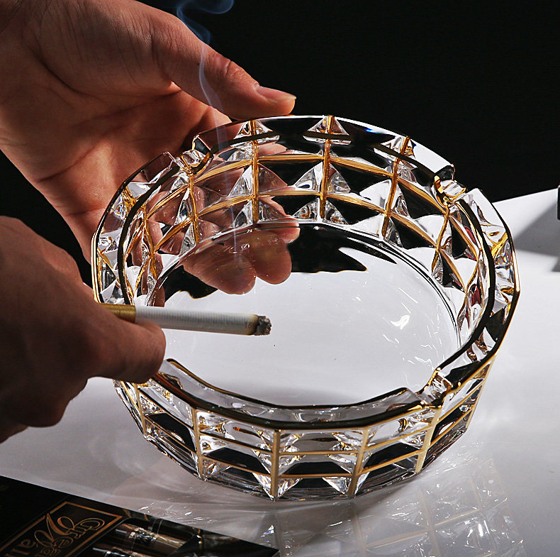 描金水晶玻璃欧式创意家用烟灰缸大小号茶几客厅办公室雪茄烟缸