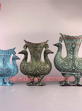 仿古青铜摆件青铜双凤杯酒樽吉祥鸟尊花瓶古玩装饰工艺品花插笔筒