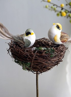 田园森系天然手工制小鸟窝鸟巢装饰麻雀鸟蛋羽毛庭院花园布置