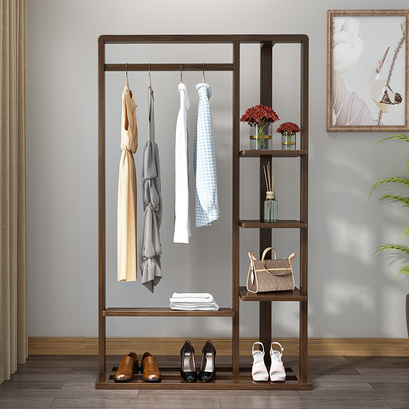 新中式实木衣帽架现代挂衣架卧室简易落地胡桃木家用置物架子组装