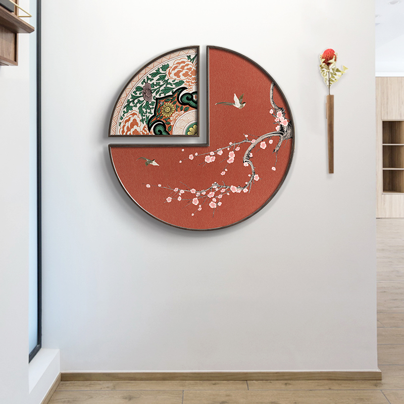 喜上眉梢 新中式禅n意花鸟装饰画创意圆形餐厅挂画中国风玄关壁画图片