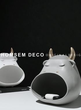 现代家居客厅玄关收纳创意大嘴牛摆D件样板间软装钥匙储物托盘果