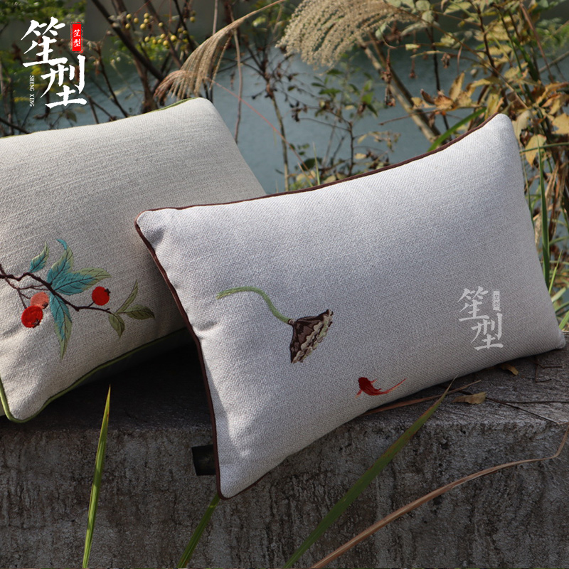 新中式绣花腰枕中国风抱枕办公室靠垫汽车靠腰木R椅子靠背含芯定