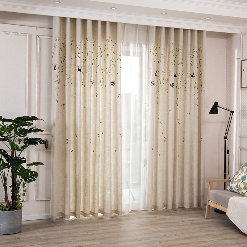 定制亚麻半遮光柳枝飞燕日式现代简约I客厅卧室飘窗成品环保窗帘