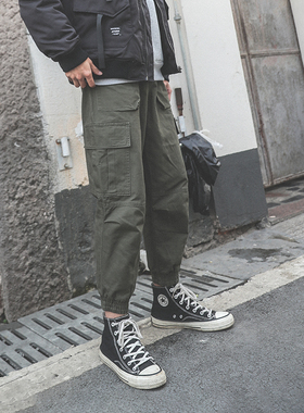 LMTNZD休闲裤男秋季束脚潮流多口袋抽绳流行宽松军绿色工装长裤
