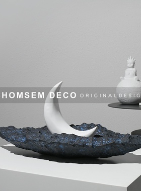 现代轻奢月亮船摆件样板房间售楼处新中式家居客厅玄关.柜软装饰