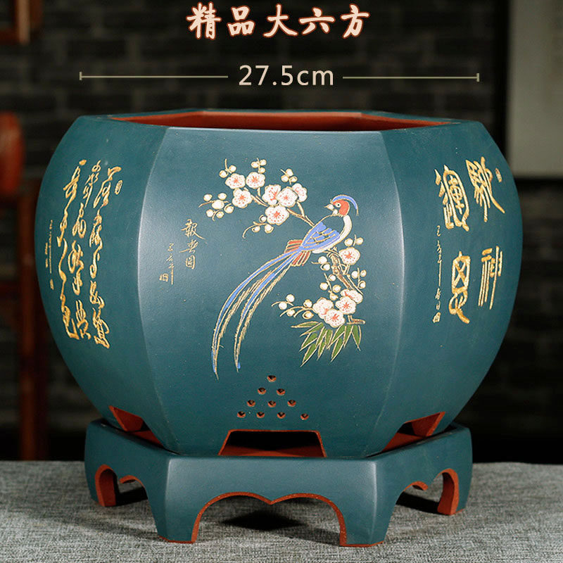 宜兴紫砂盆精品花盆特大号手工六方花盆君子兰花盆大型盆景花盆