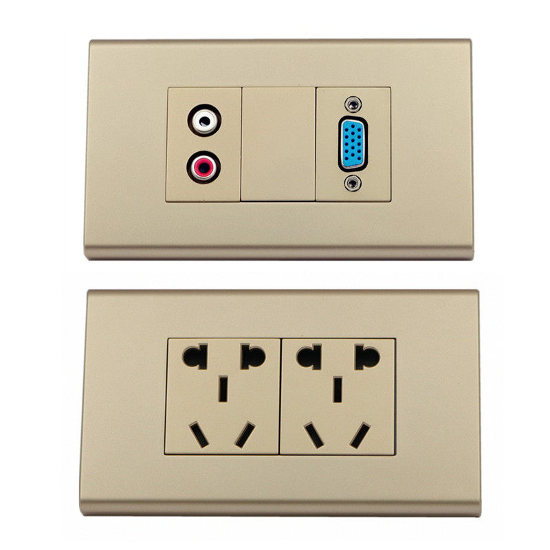 香槟金开关插座面板118型双五孔十孔电源VGA音频直通家用墙壁插口