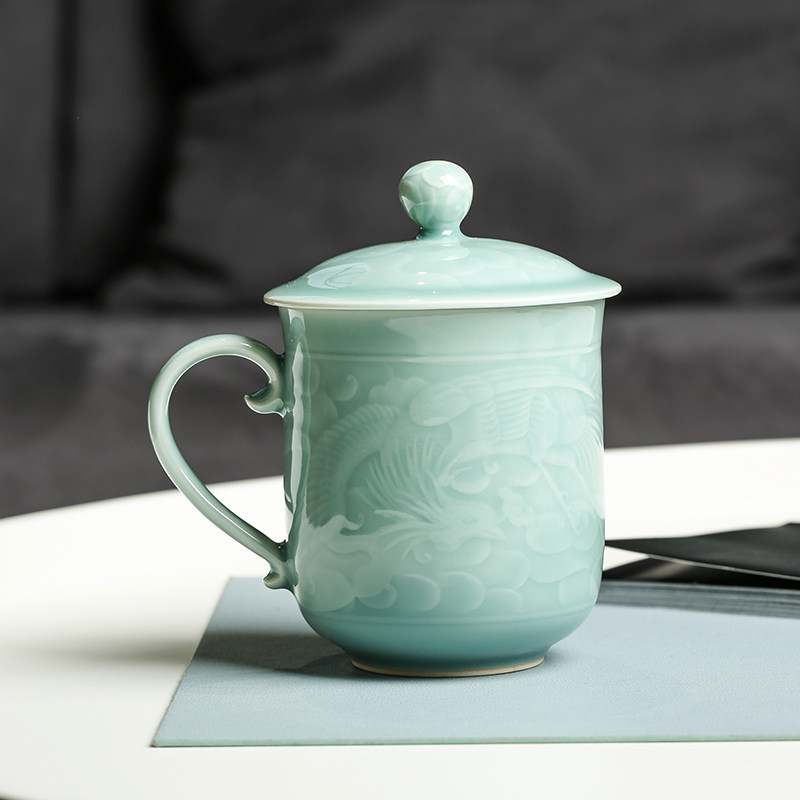 青瓷杯子带盖大号茶杯办公杯子陶瓷E会议室绿茶杯特色凤凰水杯茶