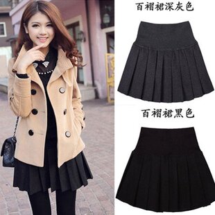 毛呢百褶裙女高腰A字裙短裙2020秋冬新款 显瘦黑色裙子半身裙 韩版