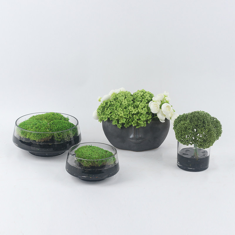 新中式圆形透明玻璃整体花艺鹅卵石苔藓摆件洽谈桌茶几端景台饰品