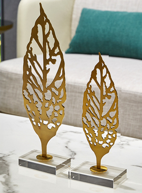 轻奢不锈钢镂空树叶水晶摆设 欧式E样板房家居客厅酒书柜软装饰品
