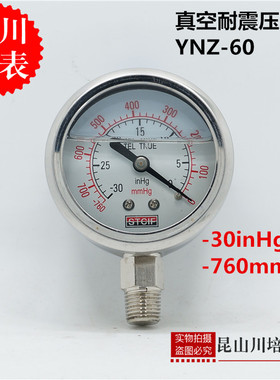 上海天川仪表 耐震真空压力表 YNZ-60 -760mmHg -30inHg