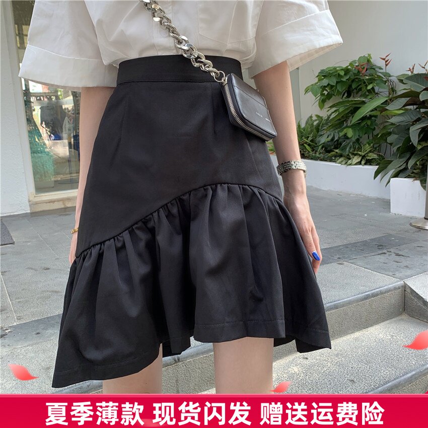 半身裙女大码不规则荷叶边短裙2021秋季新款显瘦黑色a字鱼尾裙子