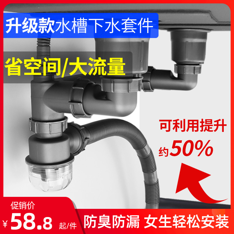 厨房水槽洗菜盆下水管配件双槽洗碗池排水管道防臭下水器通用套装