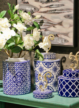 欧式古典青花瓷圆罐新中式电视柜餐桌家居插N花瓶软装饰品陶瓷摆