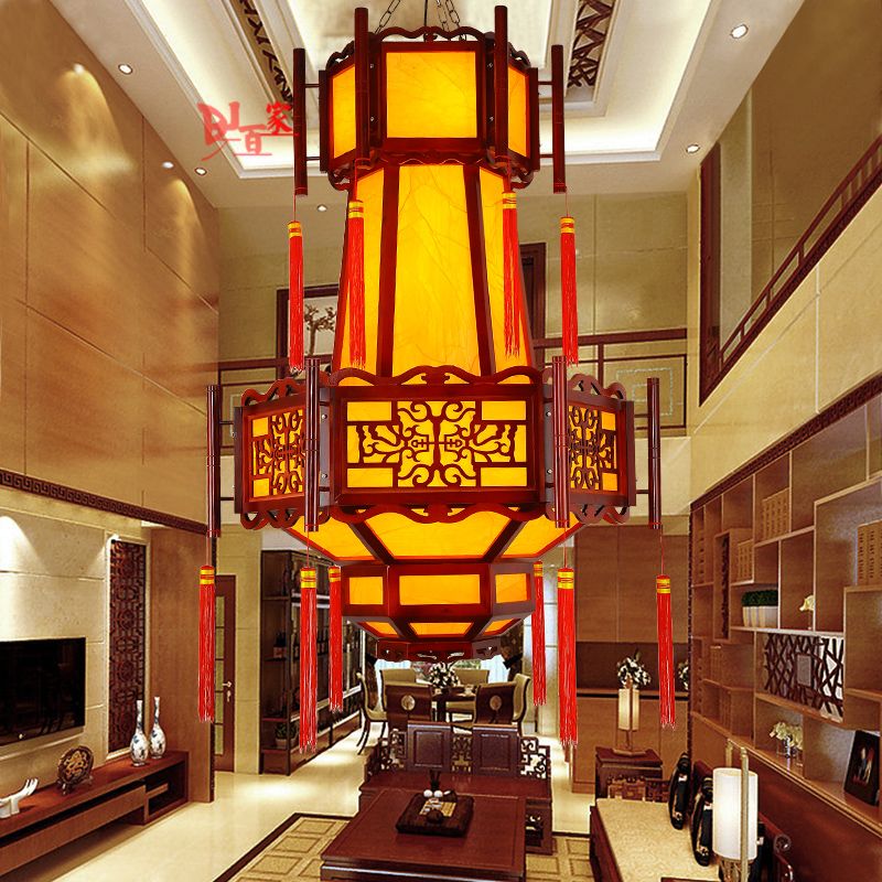 复古中式吊灯实木仿古灯明清走廊C大厅寺庙八角羊皮灯笼别墅灯具