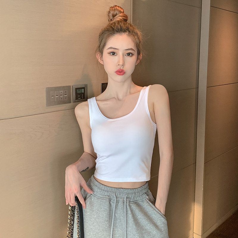 白色吊带背心女内搭u领美背打底上衣短款运动无袖t恤外穿夏季纯棉