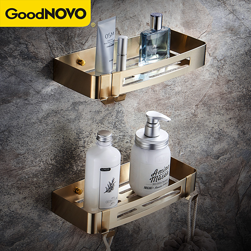 北欧拉丝金色304不锈钢卫生间浴室置物架O免打孔淋浴房壁挂墙上