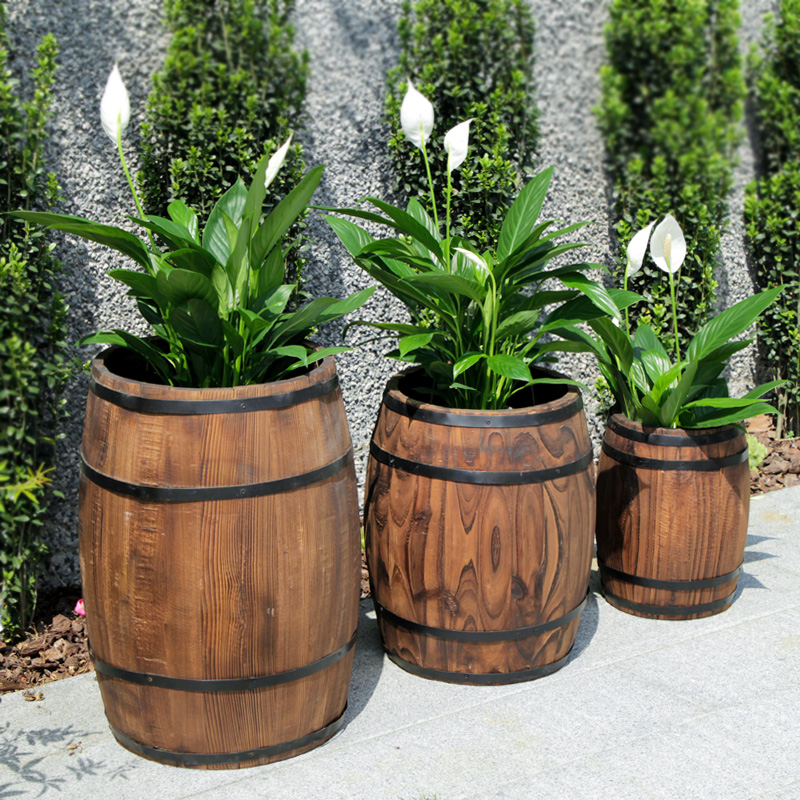 户外圆形木桶花盆创意个性酒桶花盆阳台J种树盆庭院大号防腐木花