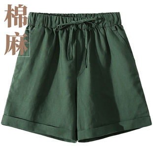 女夏高腰宽松中短裤 外穿大码 5分休闲热裤 薄款 亚麻五分裤 棉麻短裤